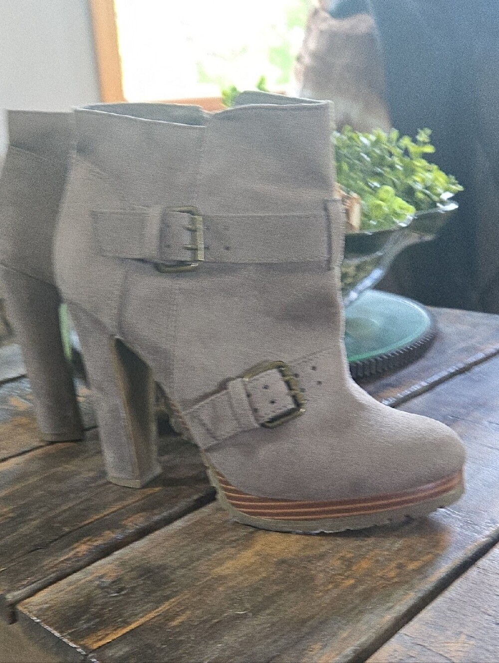 Suede Buckle Ankle Boot - Taupe/Gray